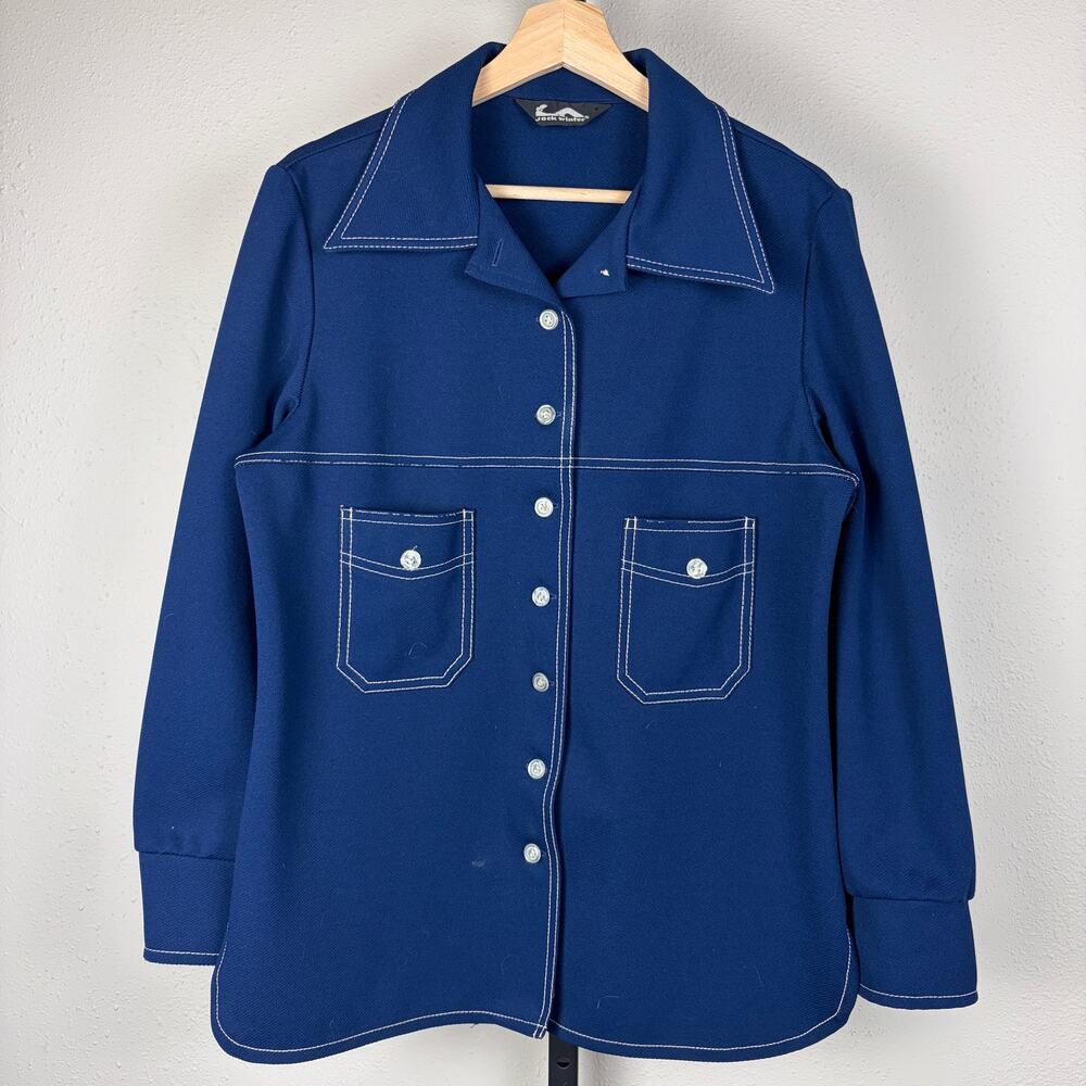 Vintage Disco 1970s Jack Winter Contrast Stitching Sz 18 Double Knit Button Up